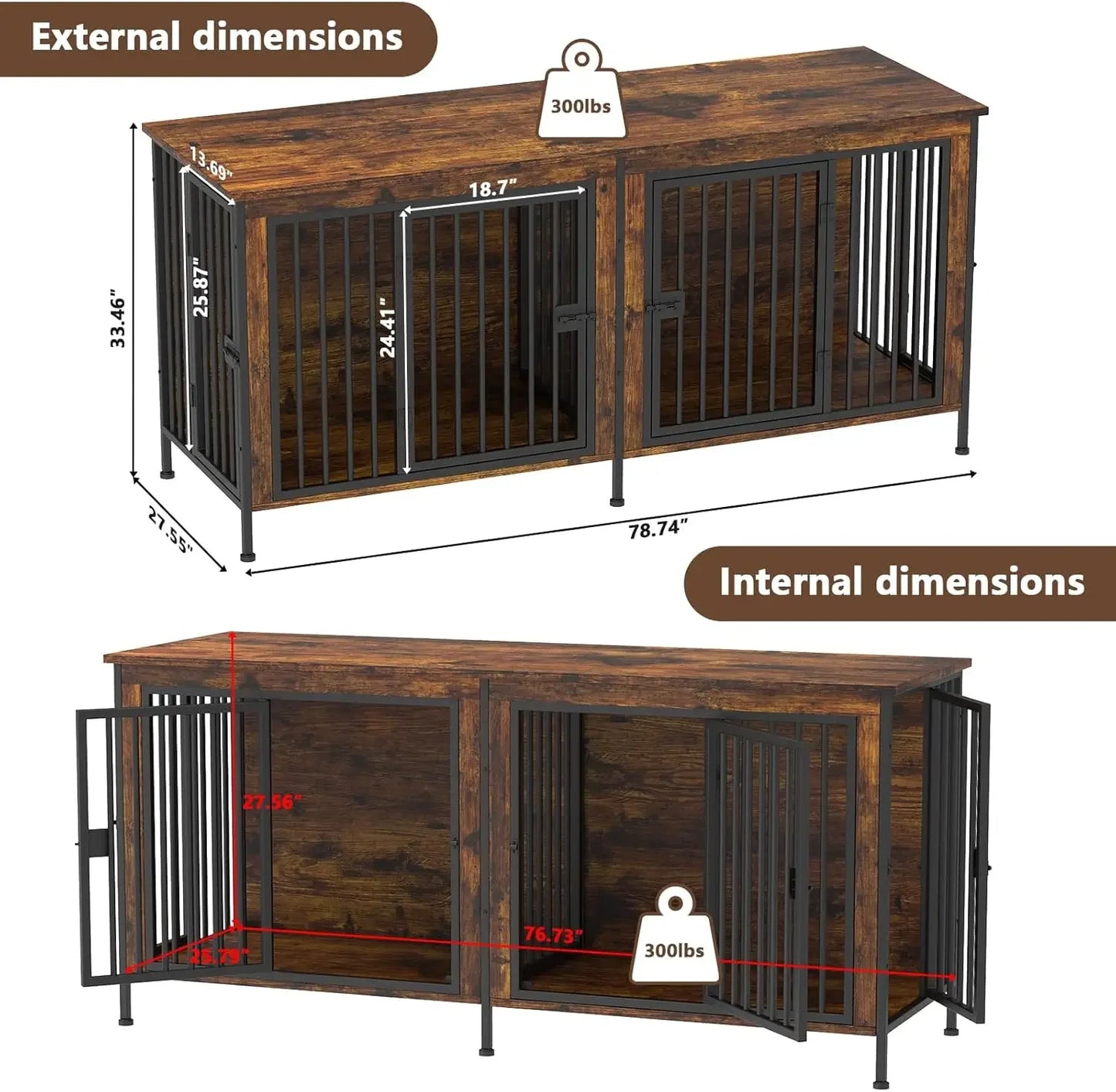 78 Inch Dog Cage Furniture for 2 Dogs, Extra Large Double Dog Crate Furniture Large Breed,Furniture TV Stand,  Divider