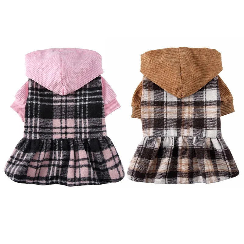 Plaid Dog Hoodie Dress Warm Soft Dog Sweater Skirt Outfit with Hat Autumn Winter Pet Coat Clothes for Small Medium Puppy Outfits