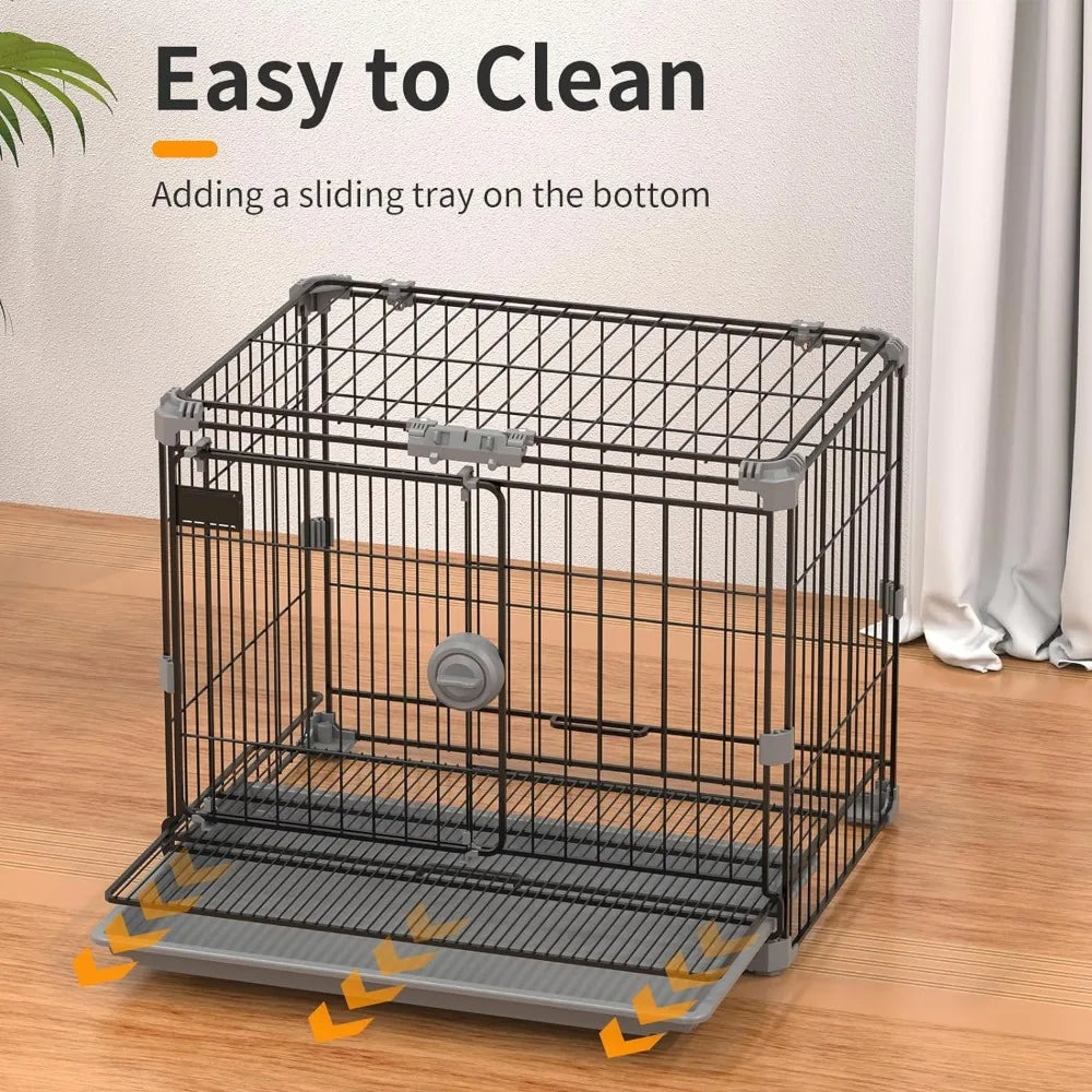 Black thick metal indoor wire cage with double doors and detachable tray, suitable for small dogs weighing less than 25 pounds