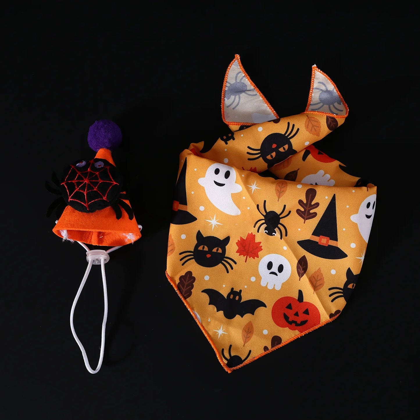 Conjunto de Halloween para mascotas, sombrero de murciélago, araña y calabaza, diadema con babero de encaje, bufanda triangular, accesorios para perros y gatos, lazos para cachorros y perros