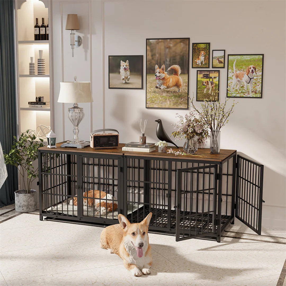 Furniture Style Dog Crate White Pet Kennel Black Cage End Table with Three Doors and Removable Tray, for Small Medium Large Dogs