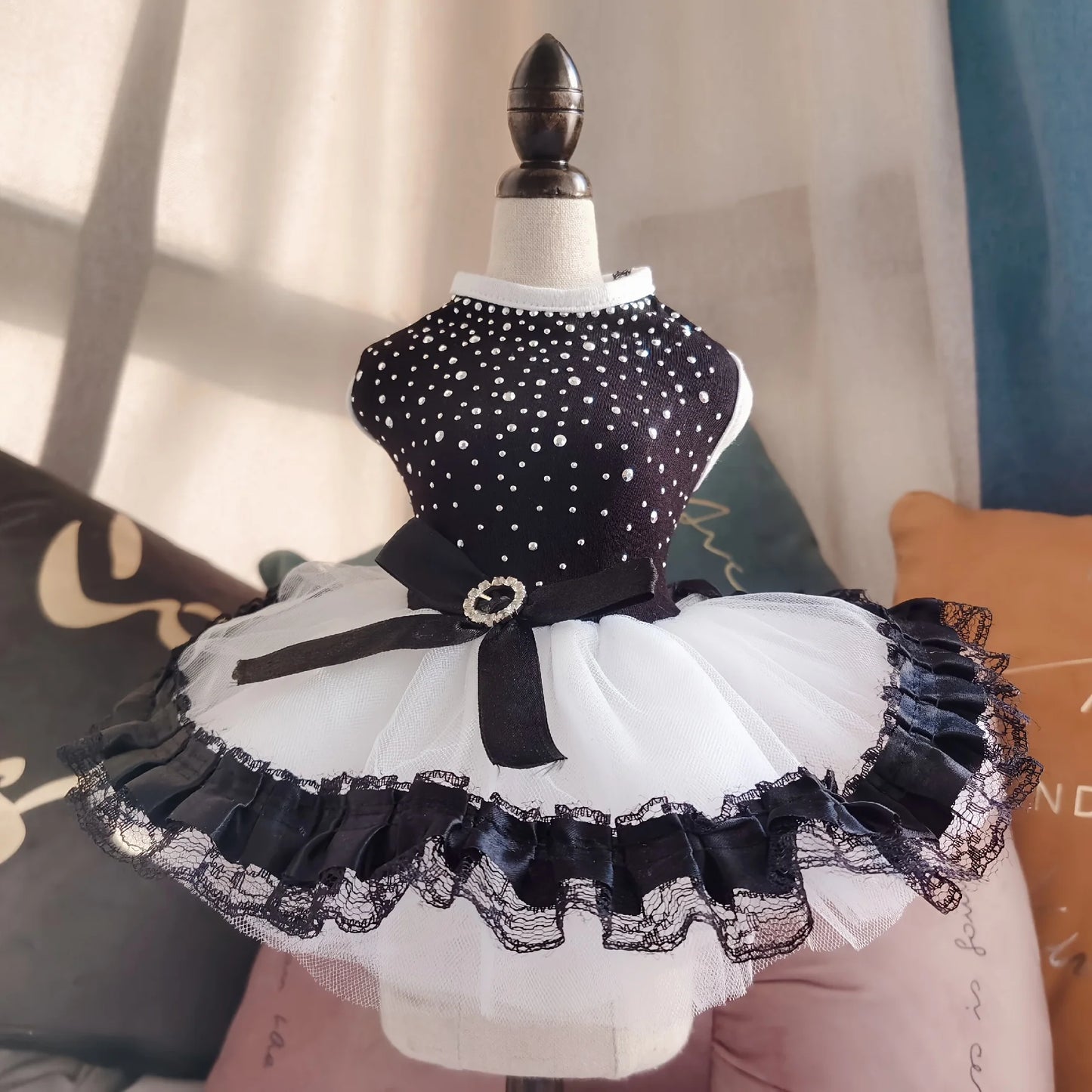 Polka Dot Tutu Dog Dress with Lace Trim, Formal Pet Wedding Attire, Sparkling Sequin Photo Prop, Black and White Cotton-Poly Ble