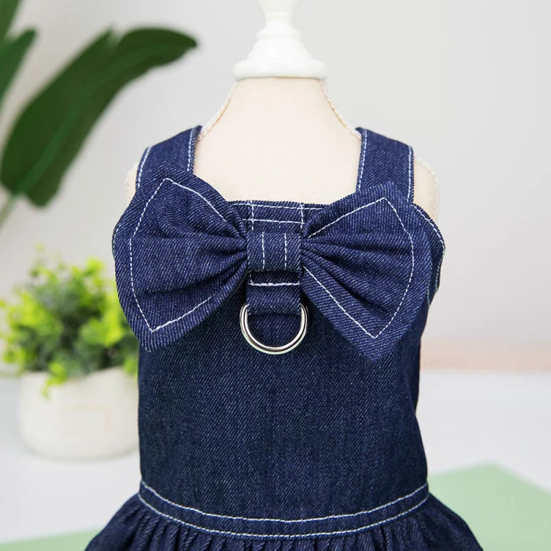 Pet Denim Dress Spring Summer Comfortable Puppy Summer Dress for Small Medium Dog Cats Cute Bow-Knot Dog Skirt