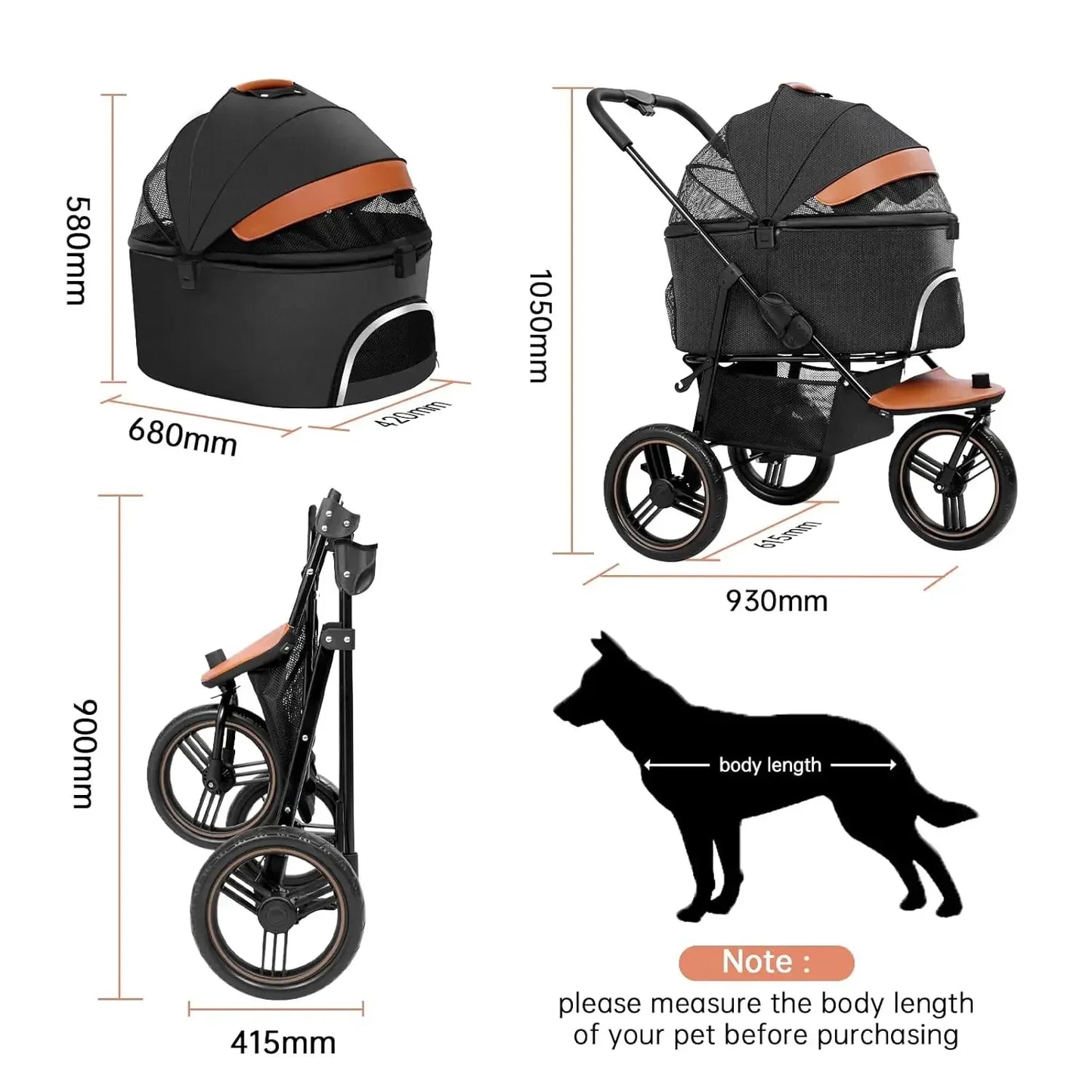 Dog Stroller for Medium Small Dogs 3in1 Pet Stroller Zipperless Dog Cat Jogger Strolle for Pets Walk-Black