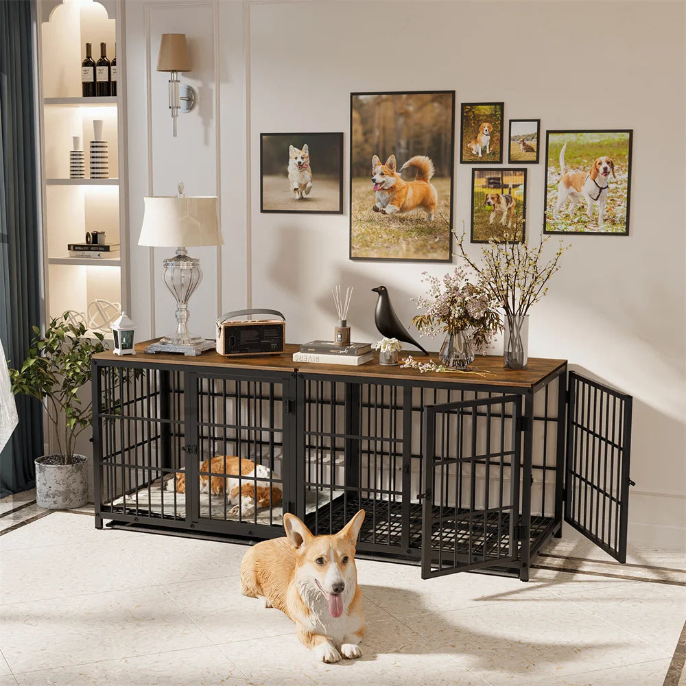 Large Wooden Dog Crate Indoor Furniture Style Elevated Pet Dog Cage Kennel End Table Lattice Playpen with 3 Doors Removable Tray