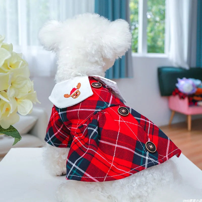 1PC Pet Clothes Spring and Autumn Red Christmas Elk Plaid Princess Skirt Suitable for Small and Medium sized Dogs