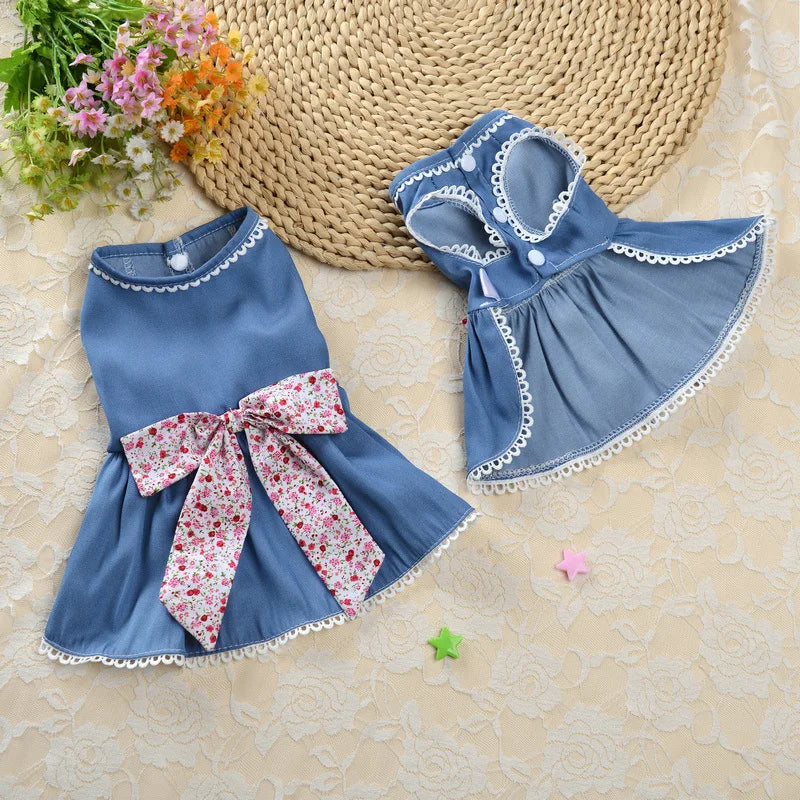 Denim Princess Skirt Comfortable Dog Dress Jeans Lace Pet Dresses for Summer Wear Elegant Bowknot Puppy Clothes Robe Pour Chien