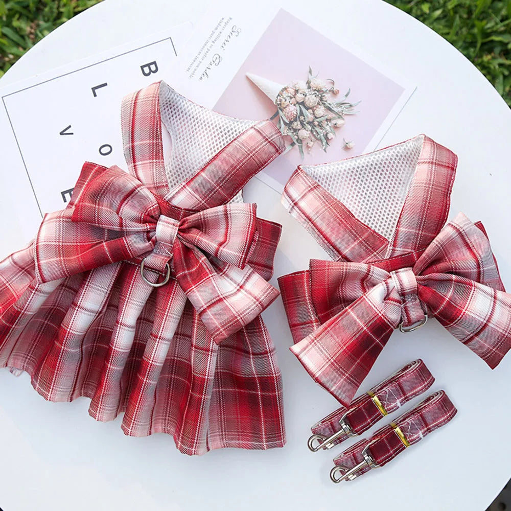 Cute Plaid Dog Dress Harness Leash Set Summer Girl Pet Clothes Bowknot Puppy Princess Dress Cat Dog Holiday Party Costume Outfit