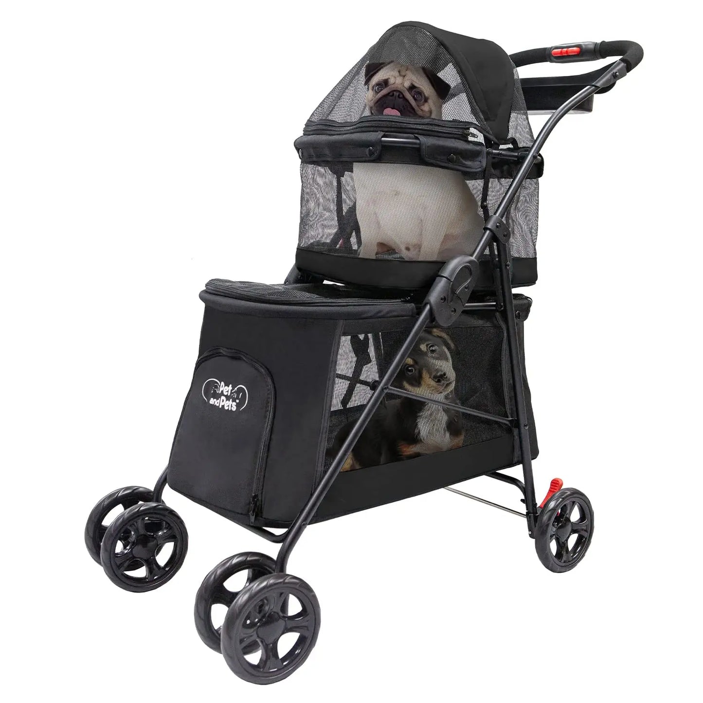 Double Decker Pet Stroller Black Dual Bassinets for Multiple Pets Removable Pee Pads Adjustable Leashes Mesh Windows