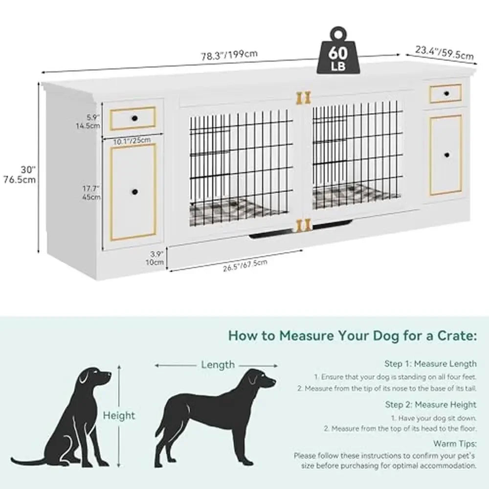 Double Dog Kennel Furniture Table with Storage 2 Small/Medium Dogs Wooden Dog House TV Stand White XL Storage Space Room Divider