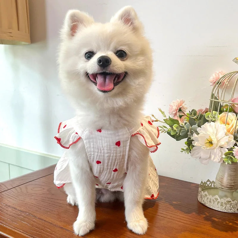 Summer  Dog Cooling Dress Thin Bow Heart Print Dog Clothes Pet Skirt Kitten Puppy Costume Chihuahua Bichon Yorkie Girls Dog Vest