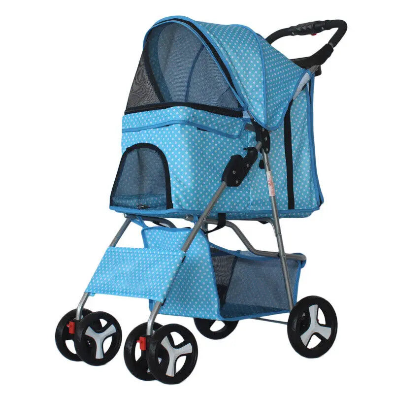 US Pet Dog Stroller, 4 Wheel, Foldable, Cat, Puppy, Travel Carriage with Storage Basket