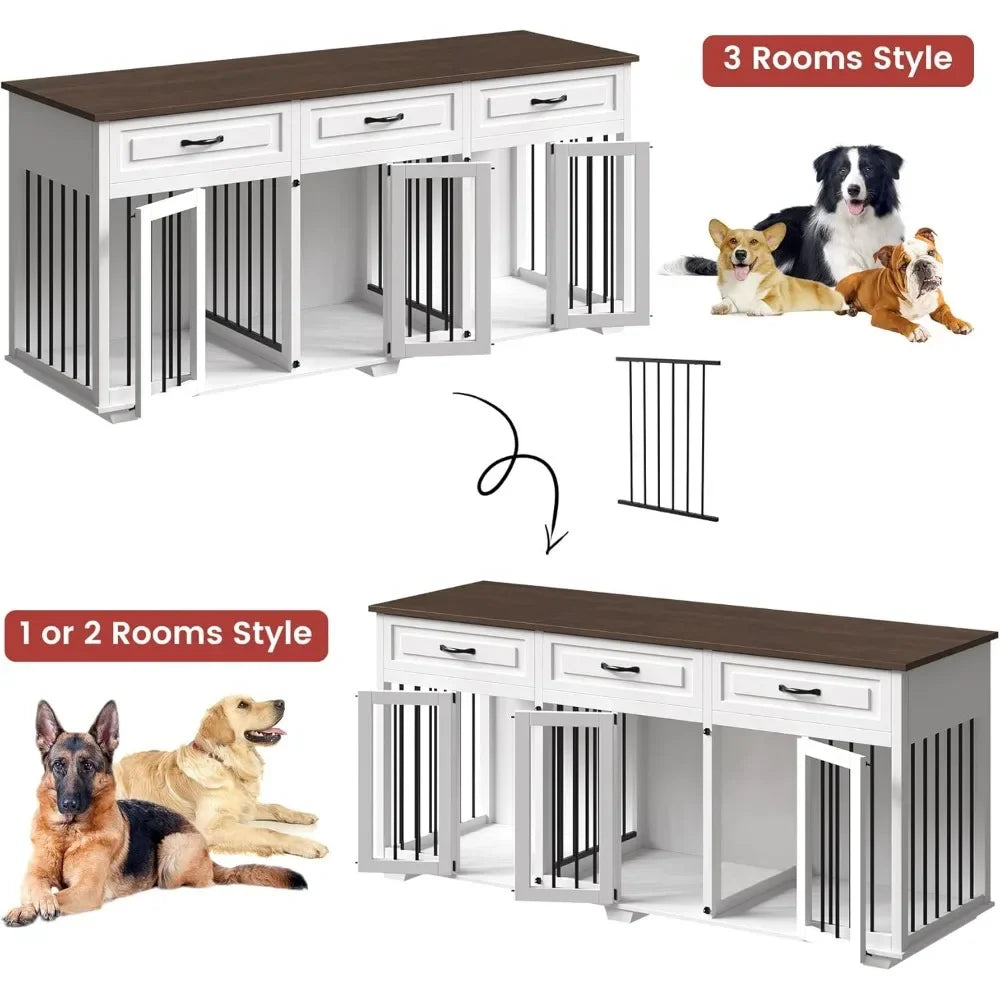 Dog Crate Furniture for Large Medium Small Dogs, 71 Inch Wooden Large Dog Kennel with Drawers, 3 Rooms & Removable Dividers