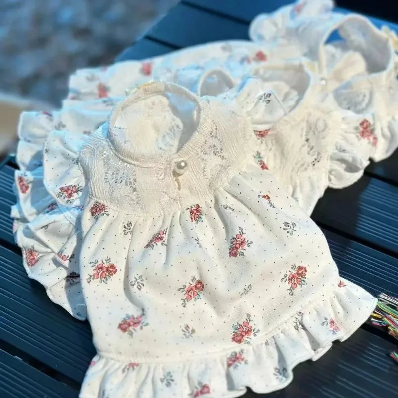 Ins Pet Dog Clothes Flower Skirt Dog Summer Flying Sleeves Elastic Vintage Fragmented Flower Pet Cute Tank Top Puppy Dresses