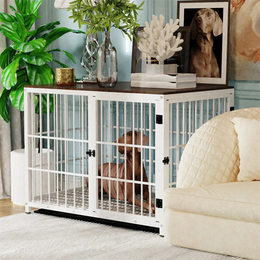 Large Wooden Dog Crate Indoor Furniture Style Elevated Pet Dog Cage Kennel End Table Lattice Playpen with 3 Doors Removable Tray