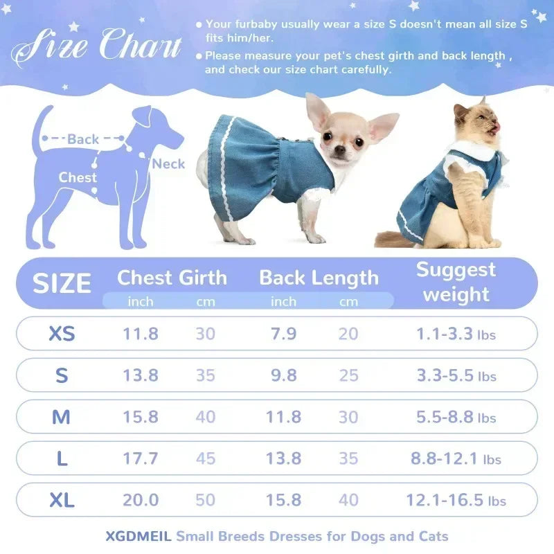 Cute Dog Jeans Dress Strawberry Print Lace Pet Dog Clothes Chihuahua Bichon Frise Summer Puppy Skirt Cat Dog Costume with Buckle