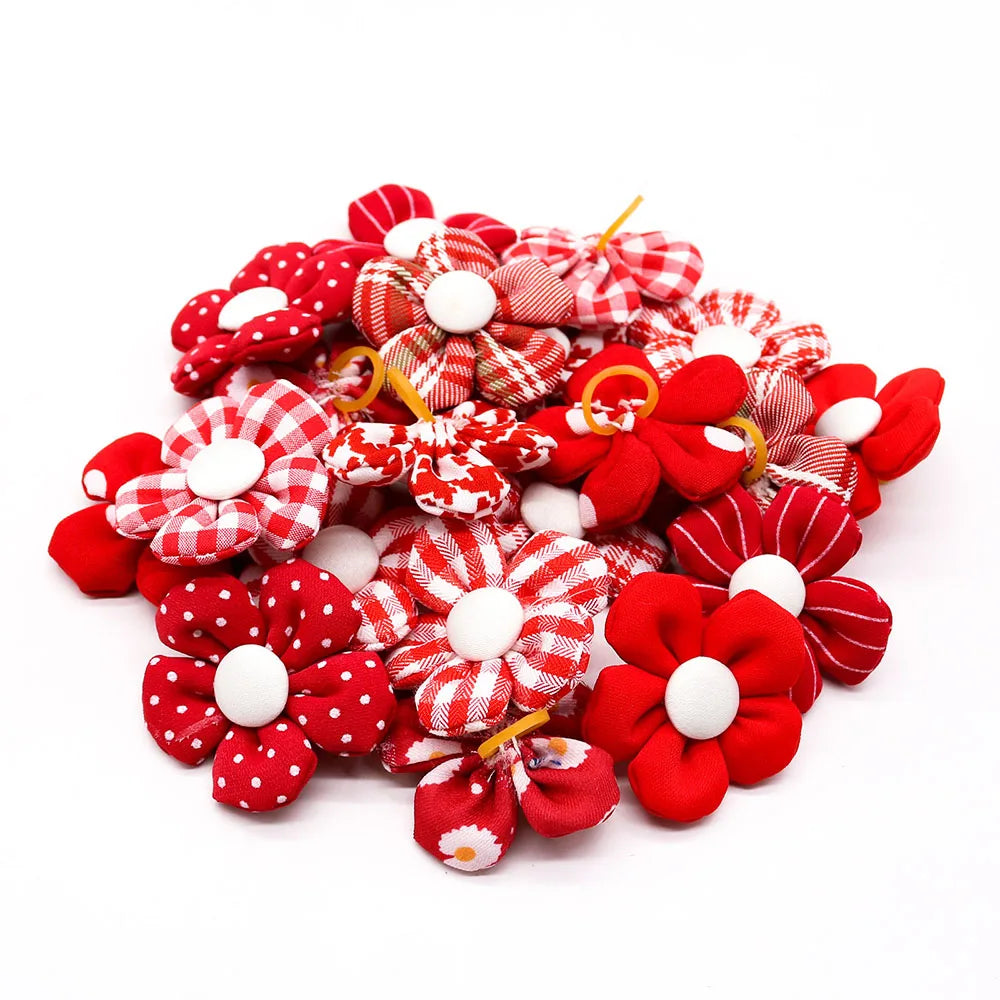 10/20pcs Flower Dog Hair Bow Red Style Valentine's Day Decorate Dog Bowknot with Rubber Bands for Small Dog Puppy Accessories