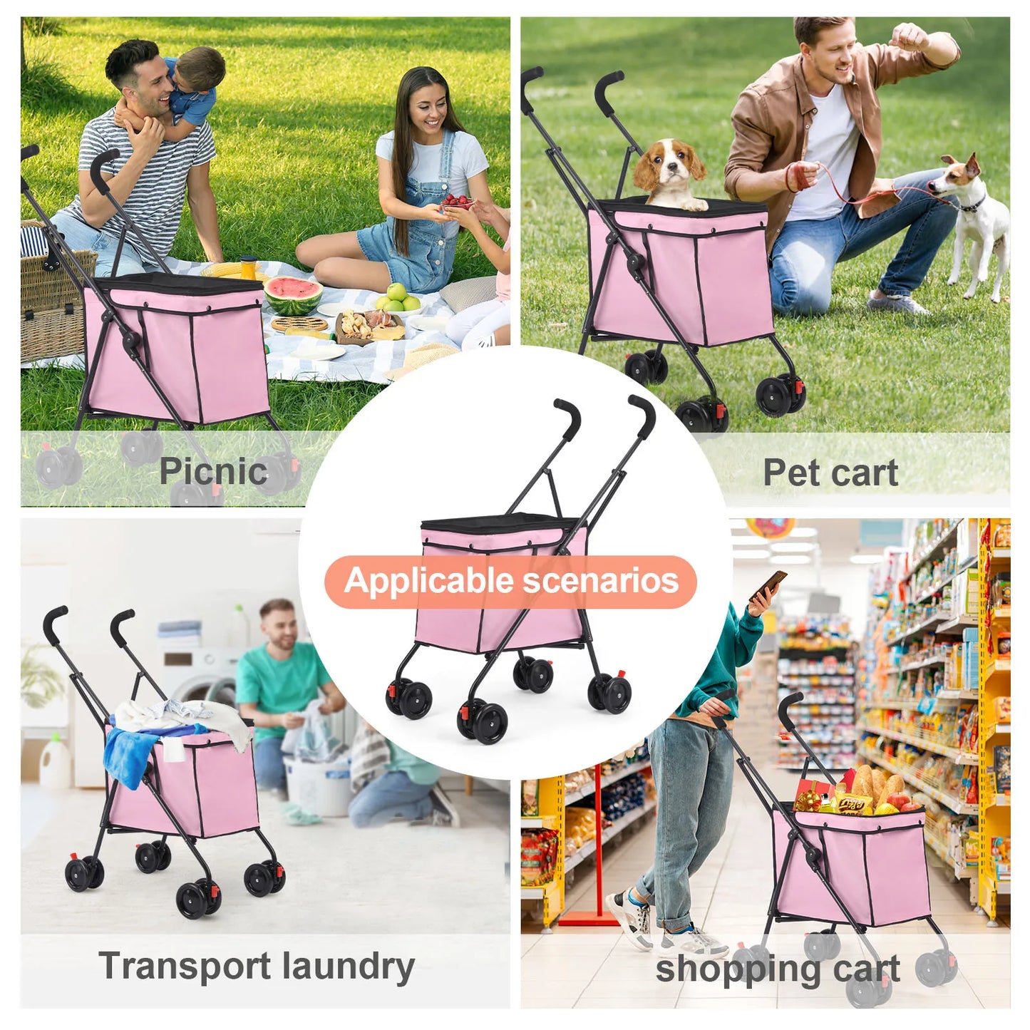 33lbs 4 Wheels Dog Stroller Rotate Pink  Pet Puppy Stroller Holder for Dogs Cat Travel Hand Cart Folding Shopping Trolley