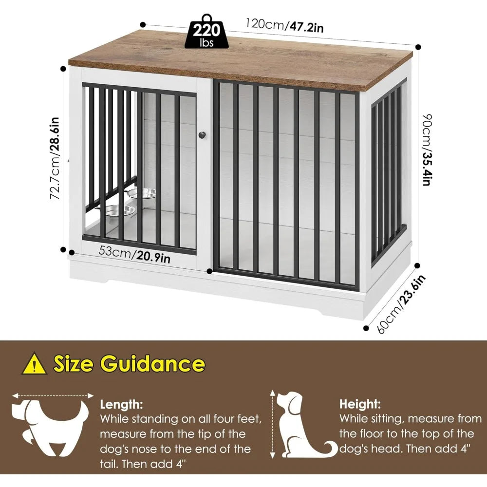 Dog Crate Furniture 47" Large Dog Kennel, Heavy Duty Dog Cage with Sliding Door and 2 SUS Bowls Wooden End Table in Living Room