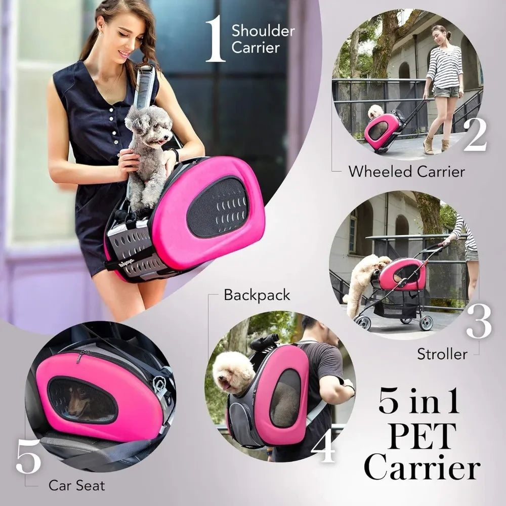 Pet Car, Five in One Convertible and Foldable Small - Multifunctional Combination - 16 Pound Pet - Pink, Cat and Dog Pet Car