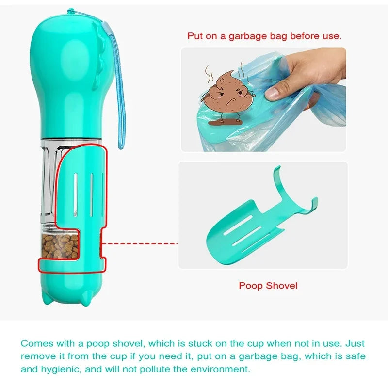 Portable cat and dog water bottle, food feeder, drinking fountain, 3 in 1 poop dispenser, leak proof,