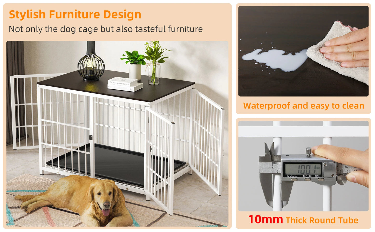 Large Wooden Dog Crate Indoor Furniture Style Elevated Pet Dog Cage Kennel End Table Lattice Playpen with 3 Doors Removable Tray