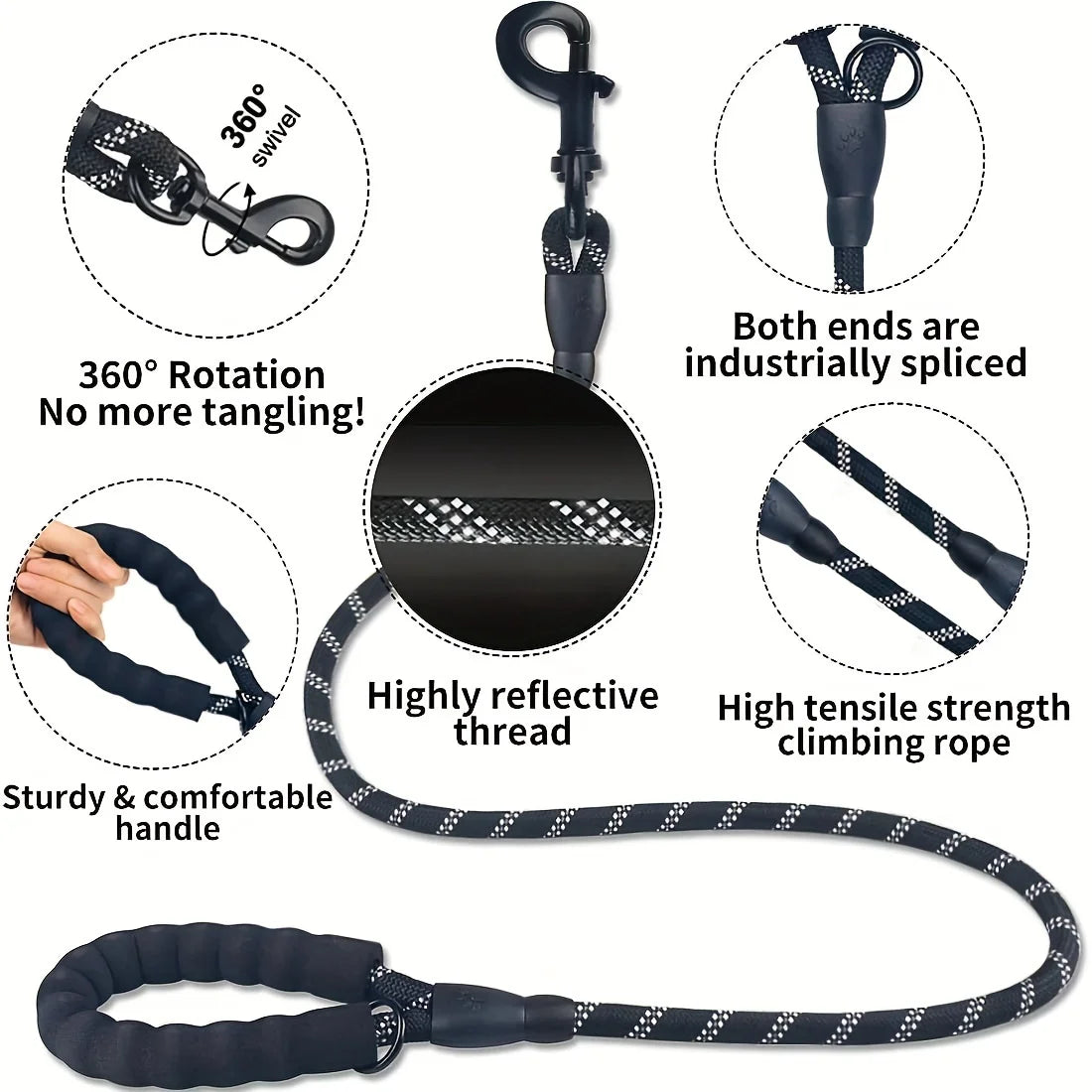 Reflective Dog Leash With Comfortable Padded Handle - Double Heavy Duty Traction Rope For Strong Dogs - Enhance Safety And Contr