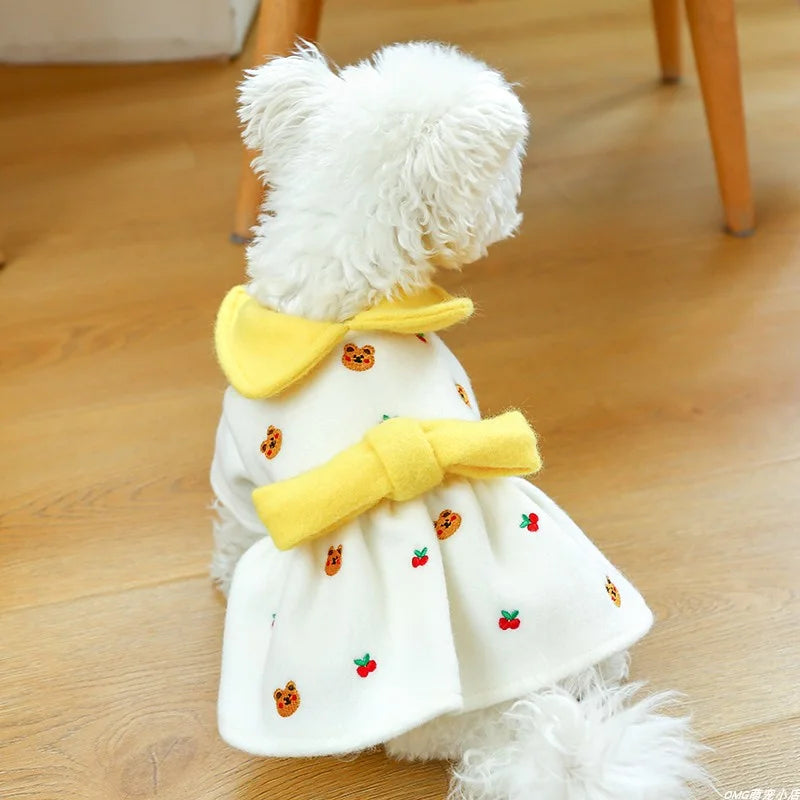 1PC Pet Clothing Cat Autumn/Winter Thickened Cheese Bear Princess Dress White Suitable for Small and Medium Dogs