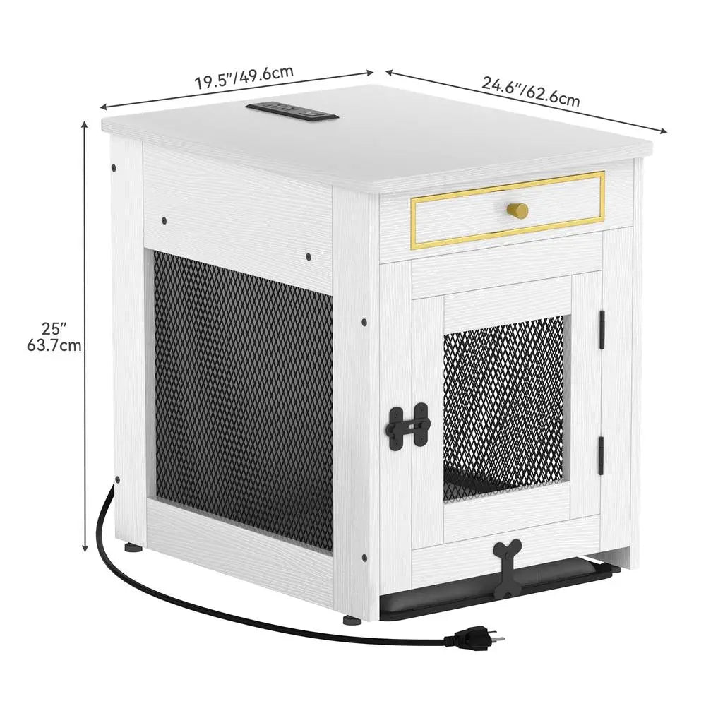 Wooden Dog Kennel End Table Crate Furniture USB Charger Small Dogs Indoor White Safe Stable Cleaning Tray Diamond Iron Mesh Dual