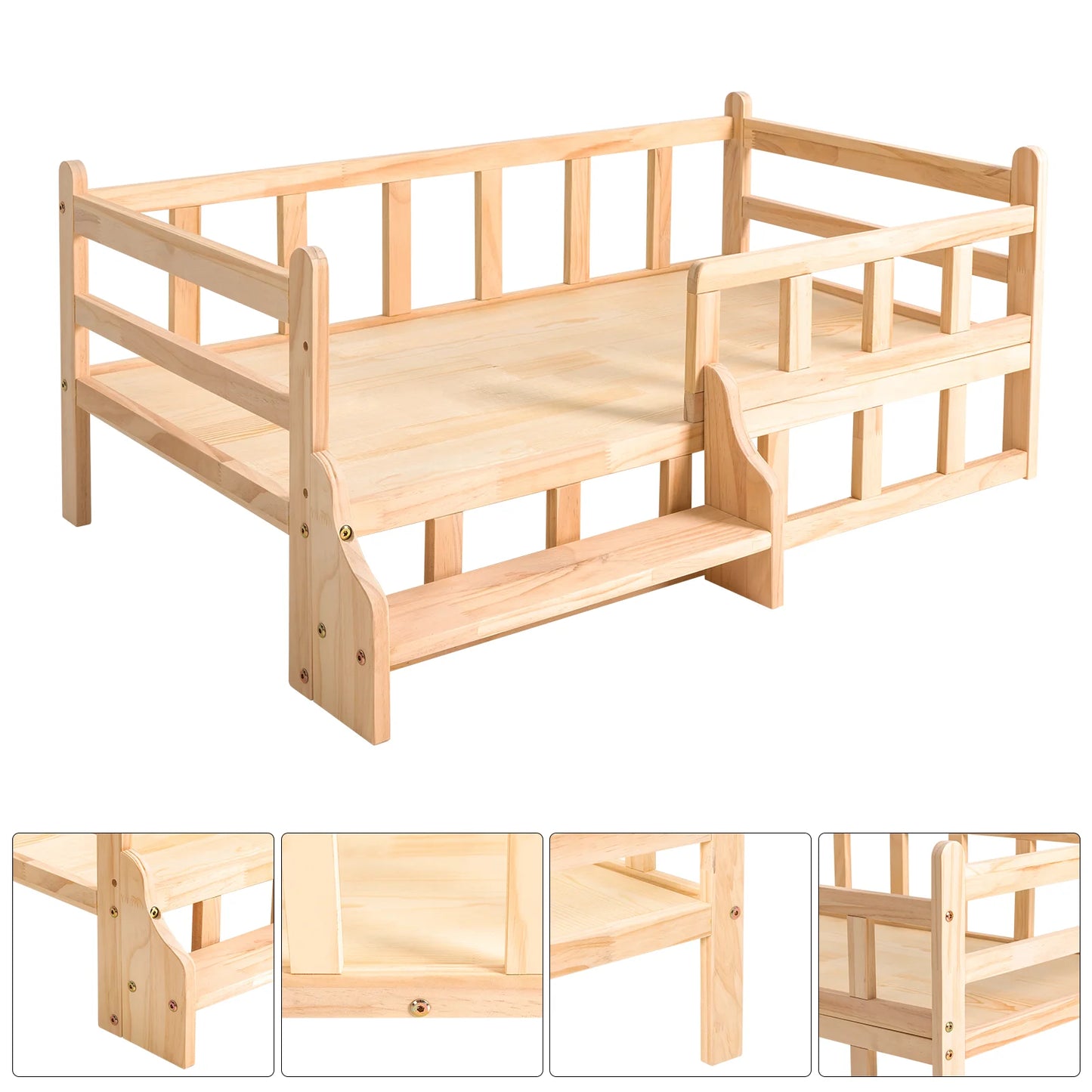 Solid Wood Pet Bed, Wooden Dog Bed Frame, Dog Kennel Furniture, Dog Bed Stand Elevated Fence Rounded Corners for Cats or Dogs