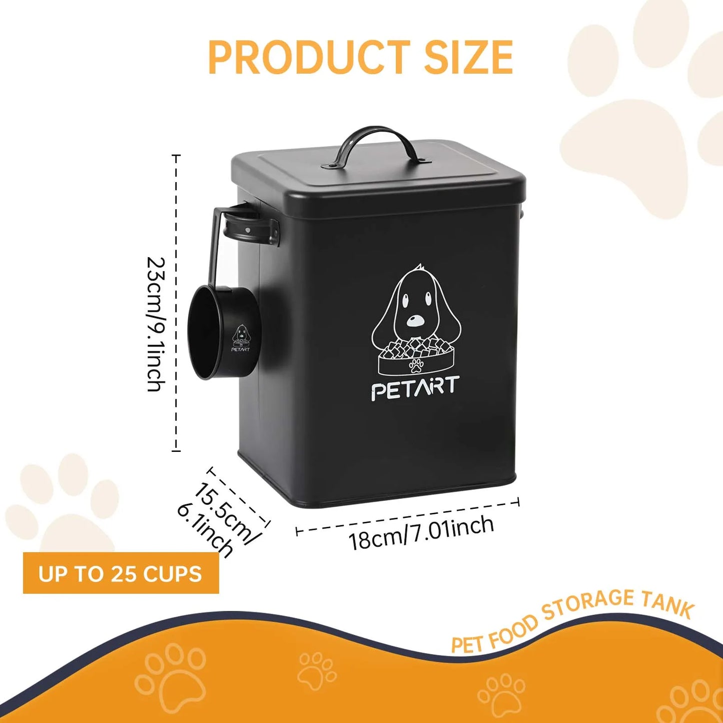 Dog Food Storage Container, Metal Pet Food Storage Containers,Cat Food Storage Container with Spoon & Cute Desiccant,Matte black