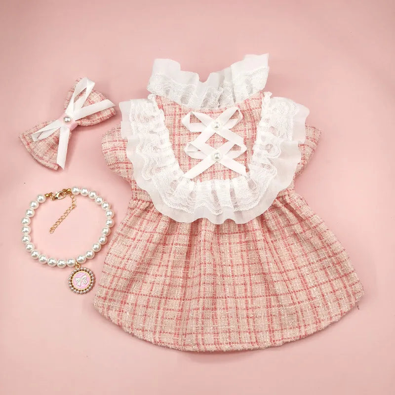 INS Pet Dog Plaid Dress with Hair Clip Cute Necklace Set Cat Clothes Spring Autumn Niche Lace Dress Dog Clothes for Small Dogs