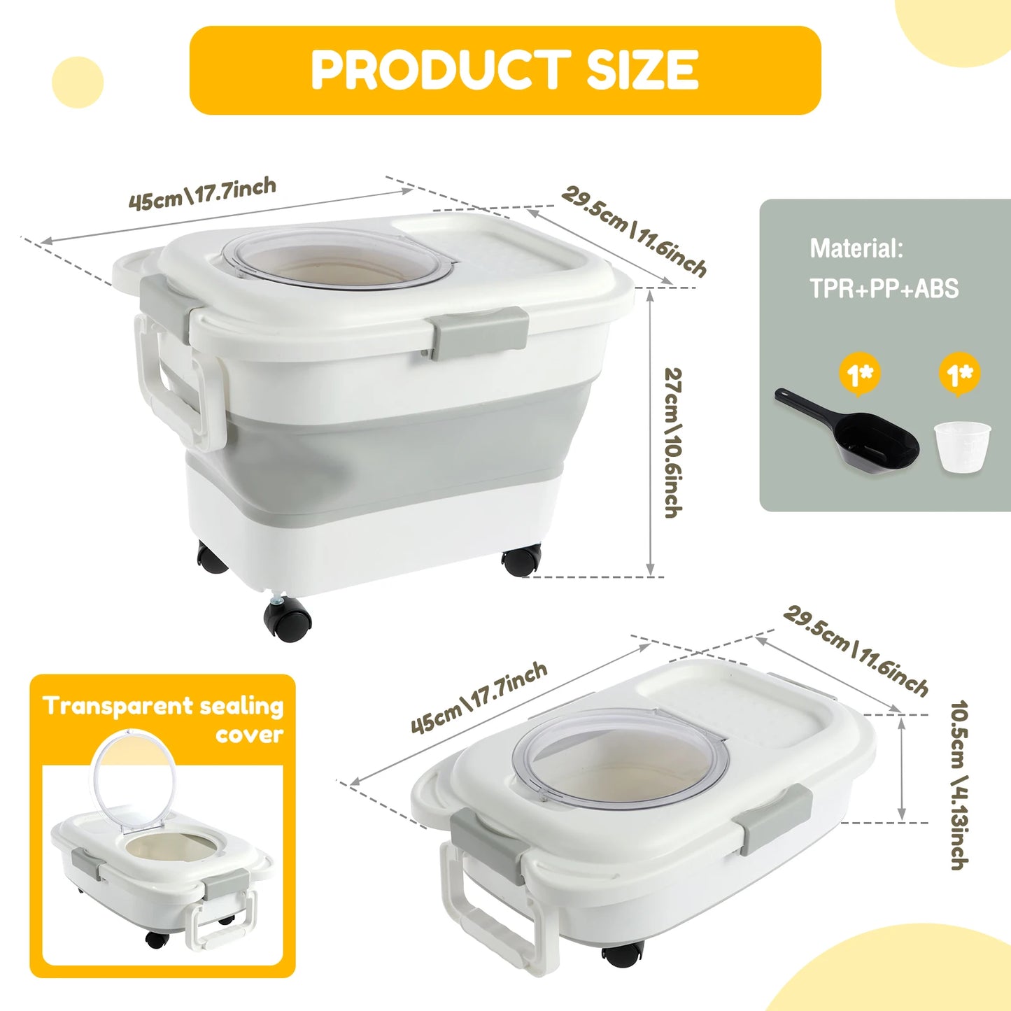 Collapsible Pet Food Storage Container Cat Dog Food Barrel Airtight Sealing Grain Rice Storage Boxes with Removable Wheels