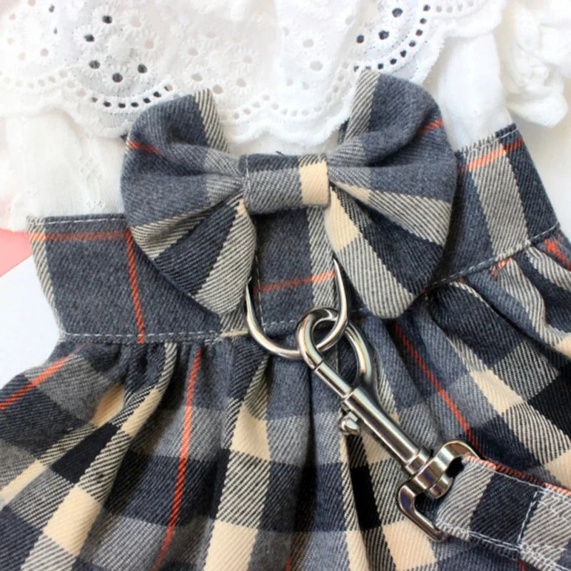 Pet Harness Dress With Leash Set Princess Dog Dress For Small Dog Fashion Simple Plaid Puppy Dresses With D Ring Clothes Outfits