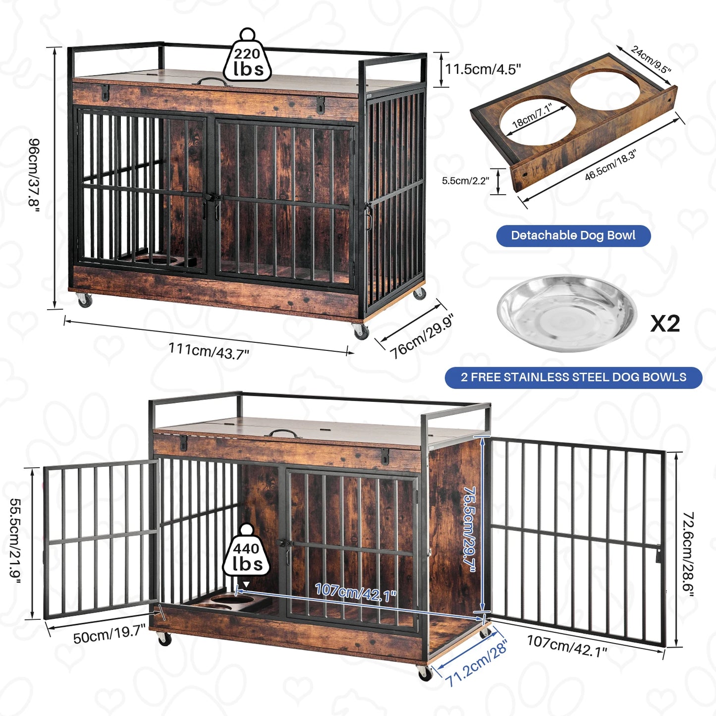 Redlife Dog Crate Furniture End Table Dog Kennel Indoor Heavy Duty Dog House w/ Wheels Feeder Bowls Flip Top 43.7 x 30 x 37.8 in