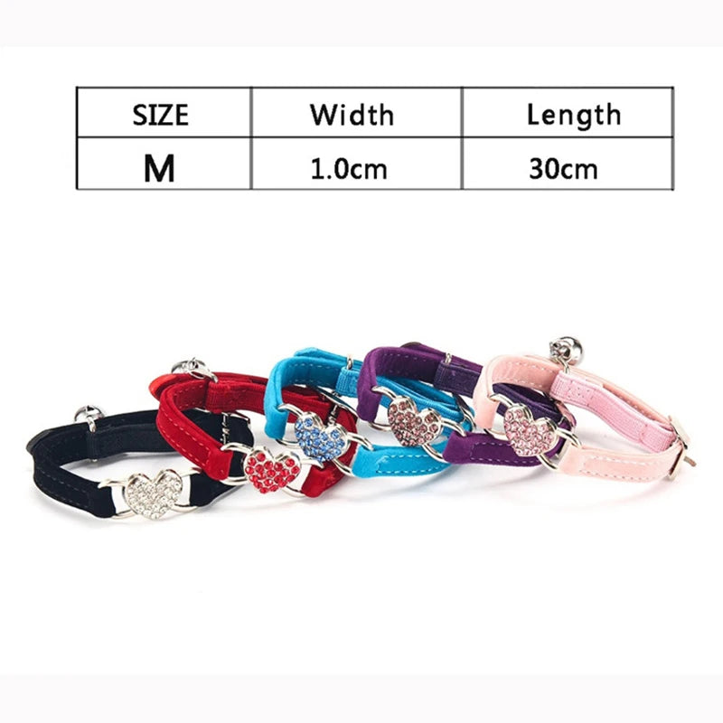 Cat Collar Crystal Elastic Collar Velvet Bell Heart Shape Collar Pet Necklacce Soft Bell Stretch Pet Kitten Collars  Adjustable