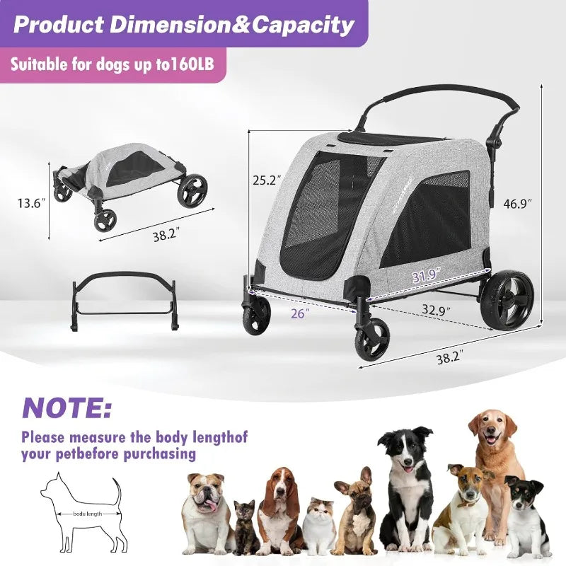 XL Extra Large Dog Stroller Adjustable Handles Lightweight Folding Pet Stroller All-Terrain 4 Wheel for 2 Medium Dogs