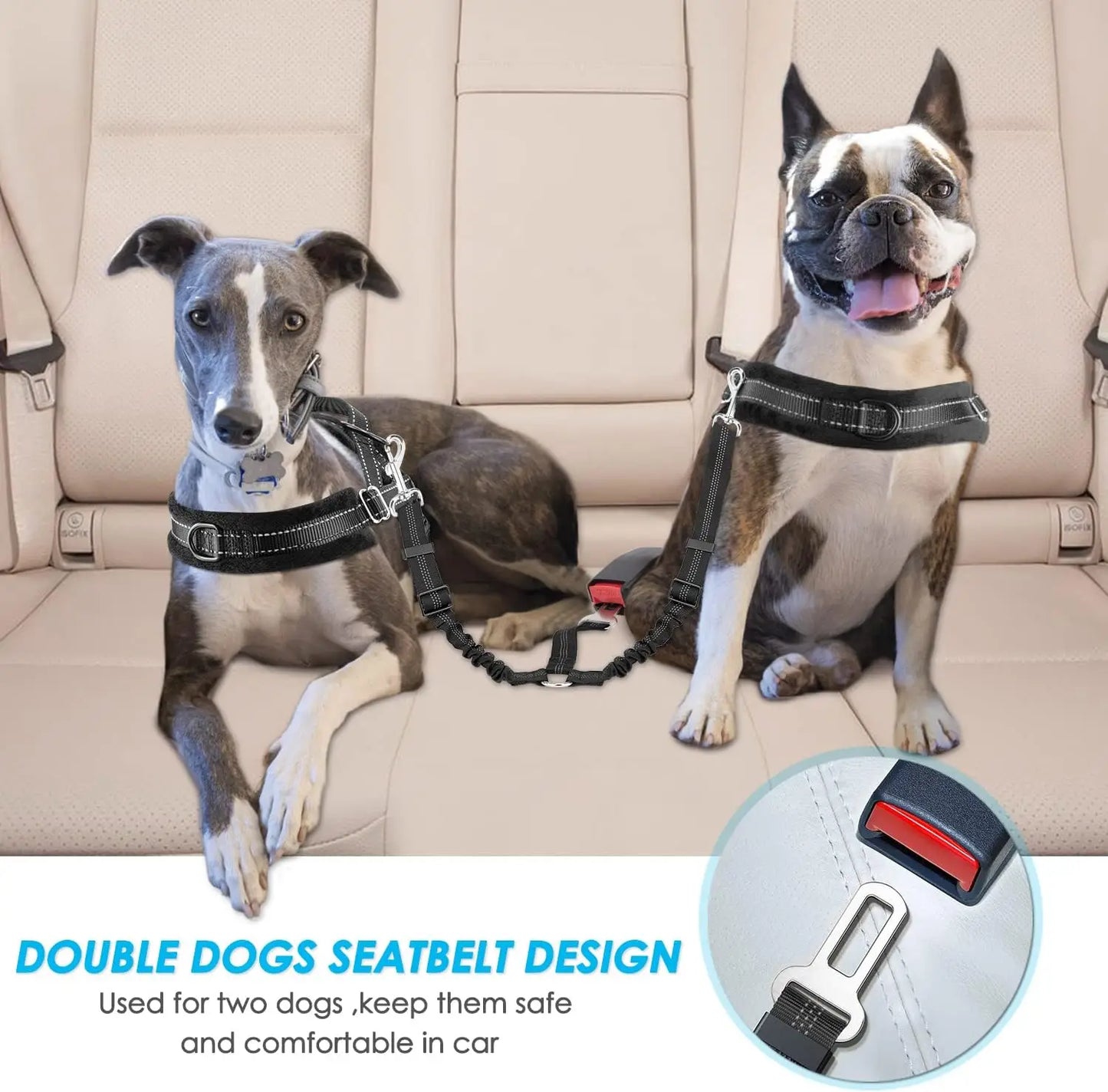 Dog Seat Belt, Double Dog Seatbelt Adjustable Vehicle Safety Leash with Elastic Bungee Buffer, Reflective No Tangle Y Shape Two