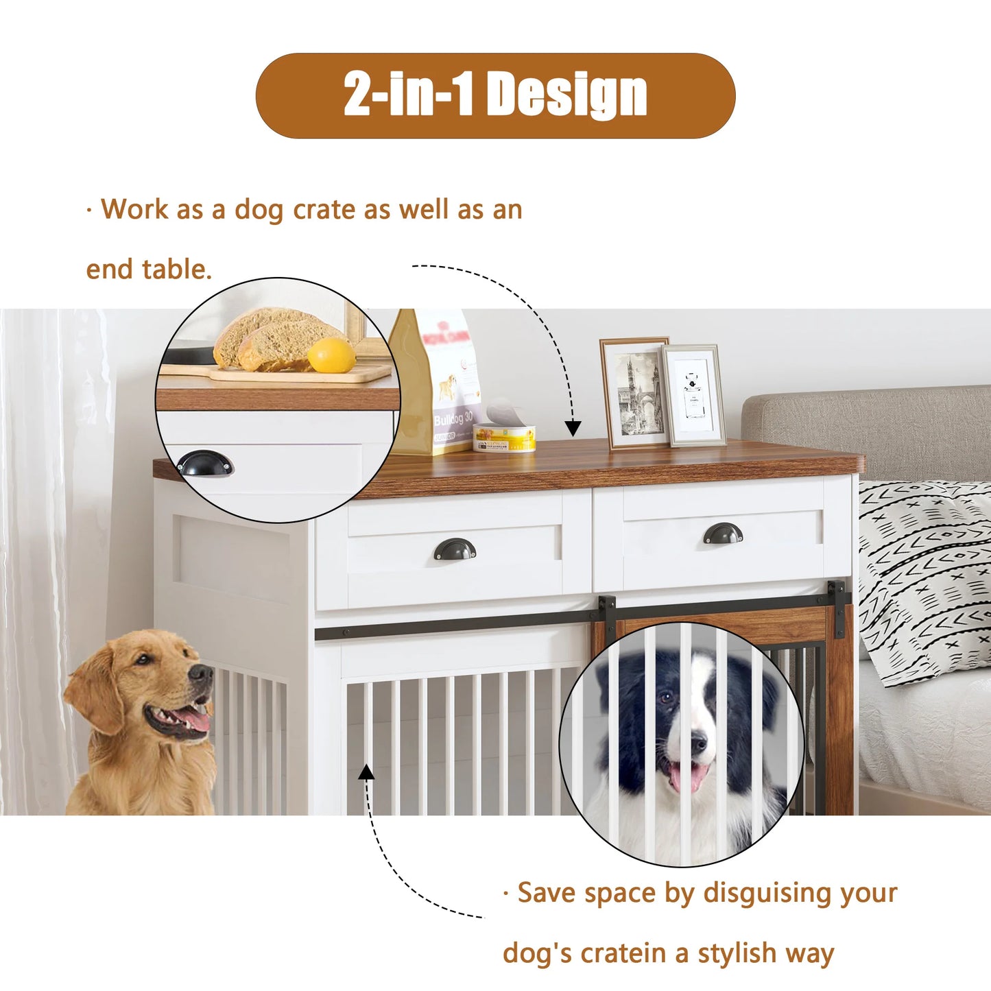 Heavy Duty Furniture Style Dog Crate Two Separate Drawers Large Storage Space Thicken Desktop Wooden Double Door Sideboard