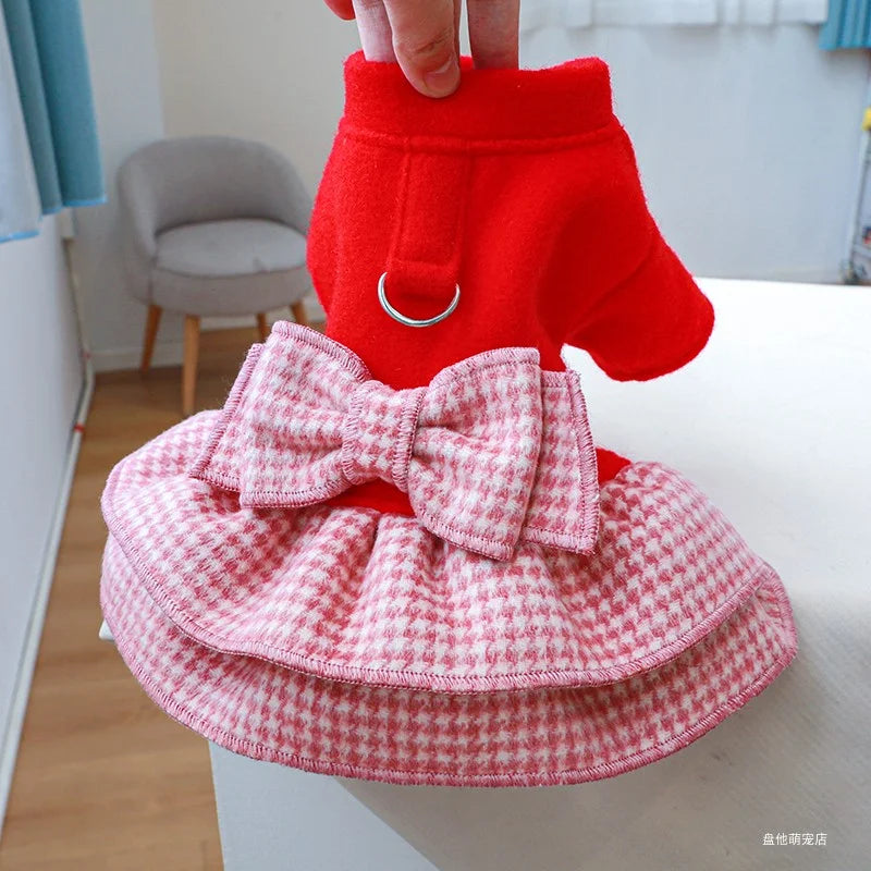 1PC Pet Clothes Cat Autumn Winter Thickened Warm Red Princess Dress Belt Traction Buckle Suitable for Small and Medium sized Dog