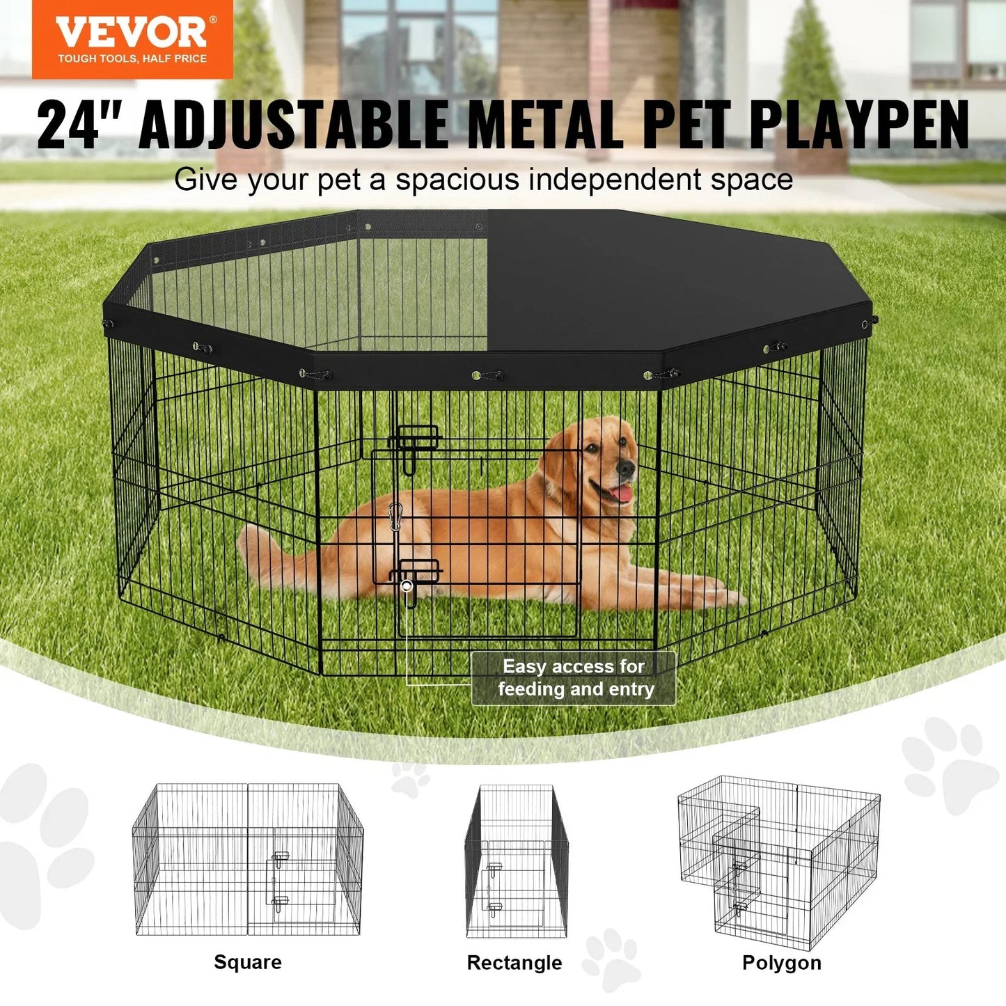 VEVOR Dog Playpen 8 Panels Foldable Metal Dog Exercise Pen with Top Cover 24" H Pet Fence Puppy Crate Kennel with Ground Stakes