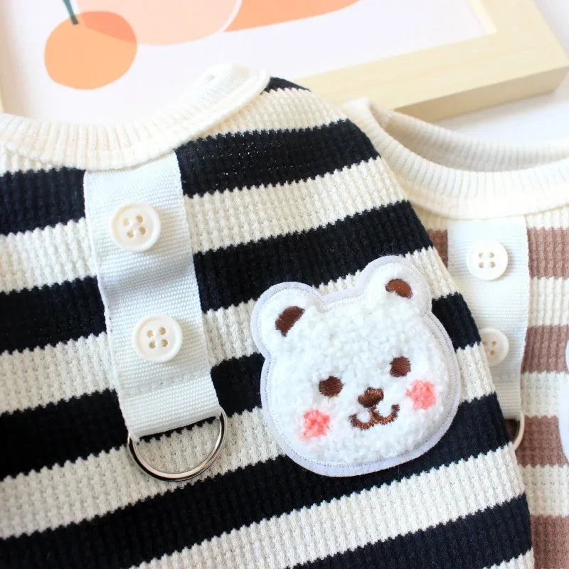 Pets Cat and Dog Clothes, Waffle Grid Vest for Spring/Summer, Striped T-Shirt with Leash for Small Dogs, Summer Outfit