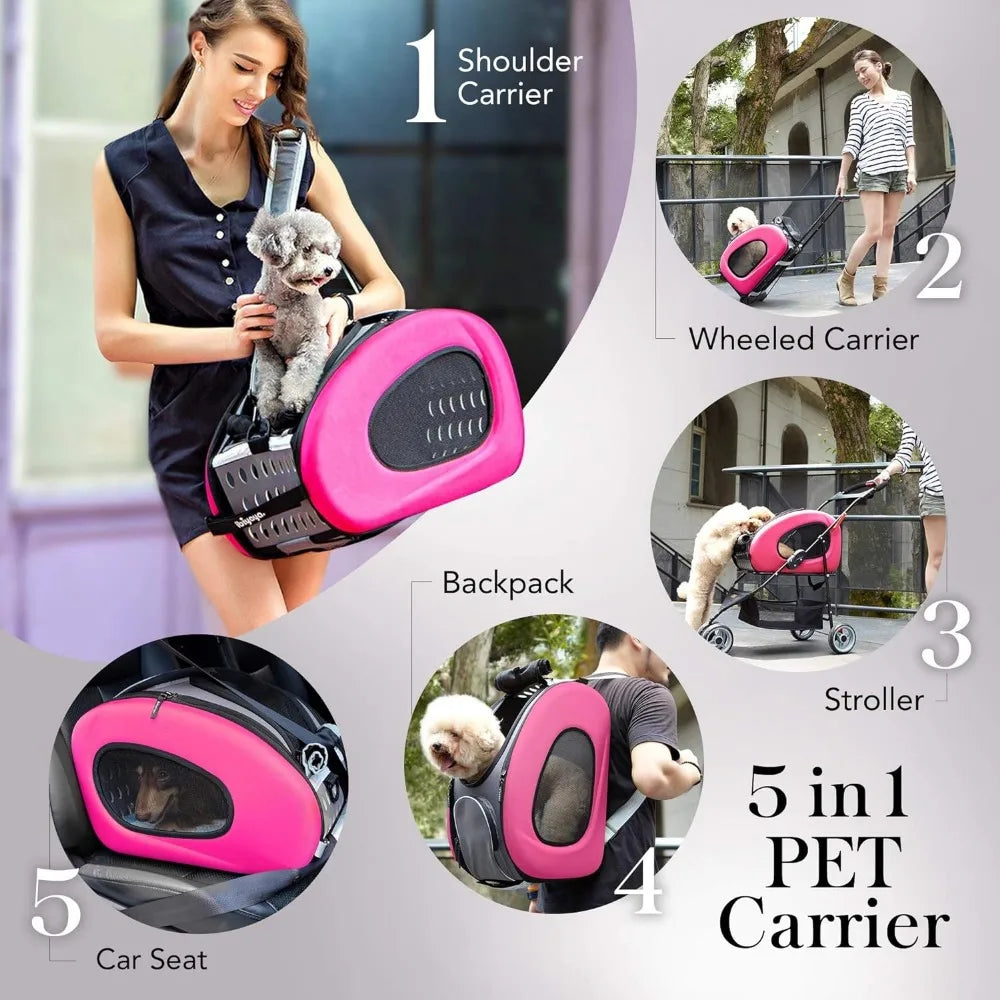 Pet Car, Five in One Convertible and Foldable Small - Multifunctional Combination - 16 Pound Pet - Pink, Cat and Dog Pet Car