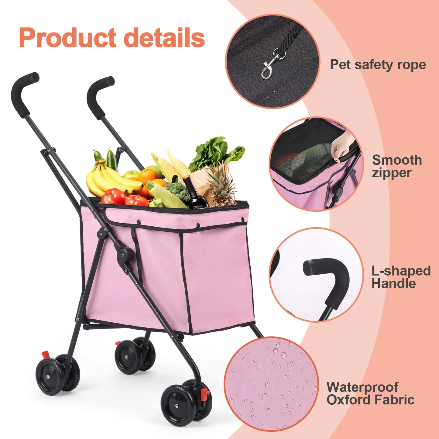 33lbs 4 Wheels Dog Stroller Rotate Pink  Pet Puppy Stroller Holder for Dogs Cat Travel Hand Cart Folding Shopping Trolley