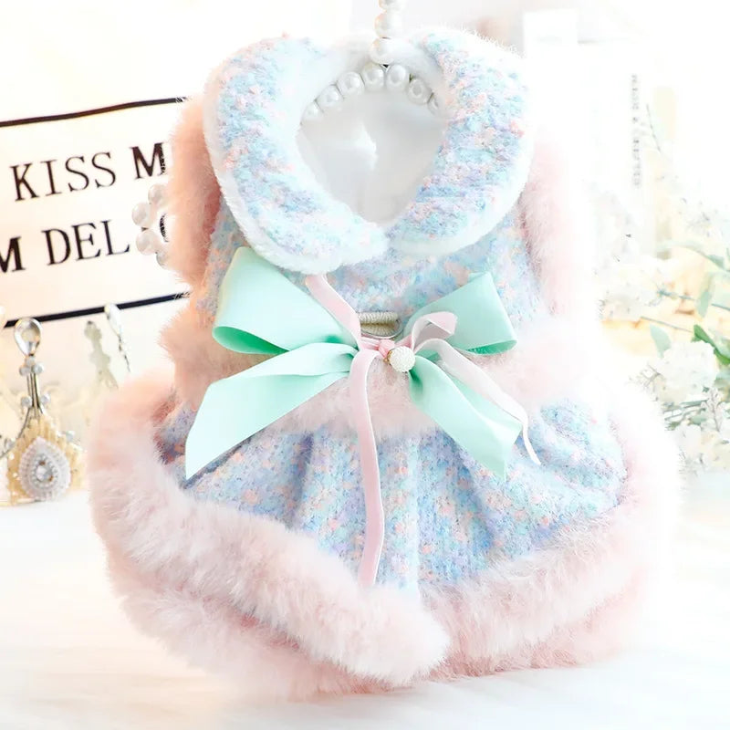 Fashion Soft Plush Pet Dog Clothes Lovely Pink Blue Winter Warm Princess Dress For Small Medium Dogs Poodle Puppy Dog Dresses