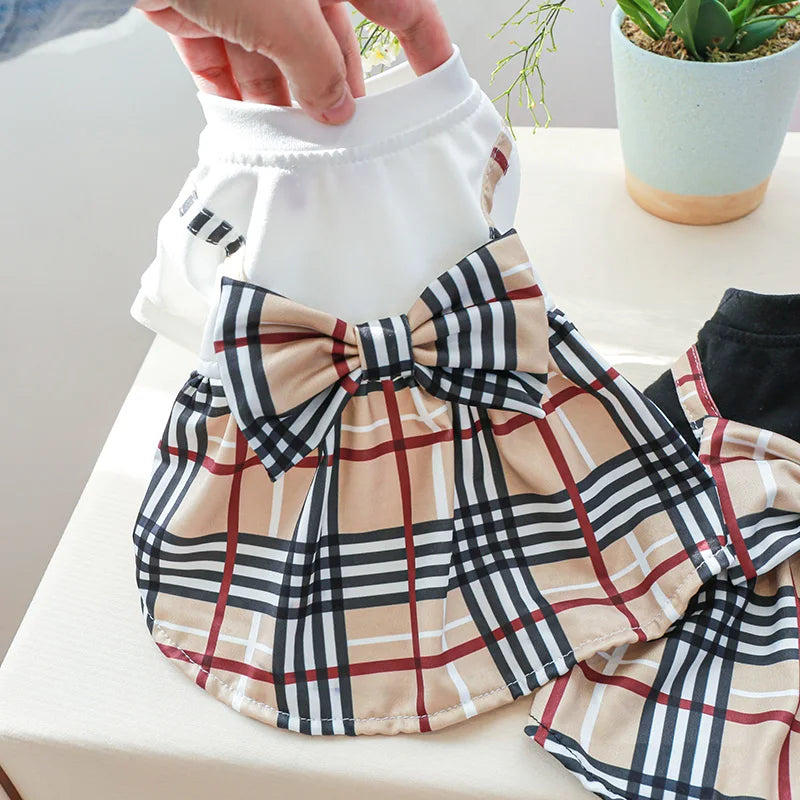 Pet Dog Cat Clothes Spring Summer Dress Big Bow Plaid Puppy Floral Print Skirt Casual Tutu Coat Dress For Small Dog Pet Apparel