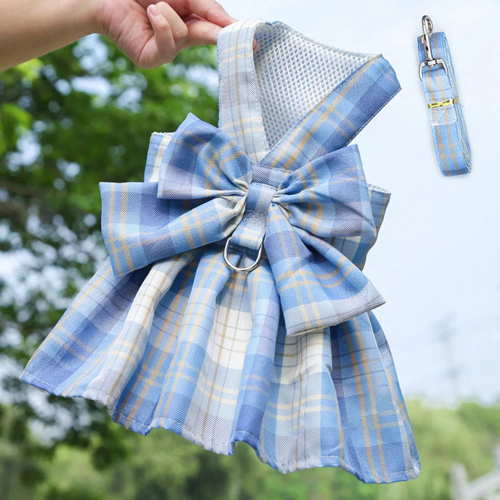 Cute Plaid Dog Dress Harness Leash Set Summer Girl Pet Clothes Bowknot Puppy Princess Dress Cat Dog Holiday Party Costume Outfit