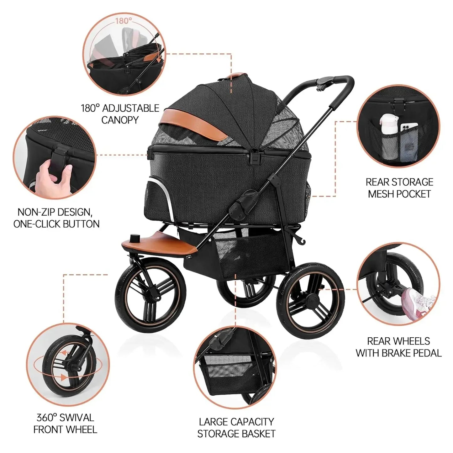 Dog Stroller for Medium Small Dogs 3in1 Pet Stroller Zipperless Dog Cat Jogger Strolle for Pets Walk-Black