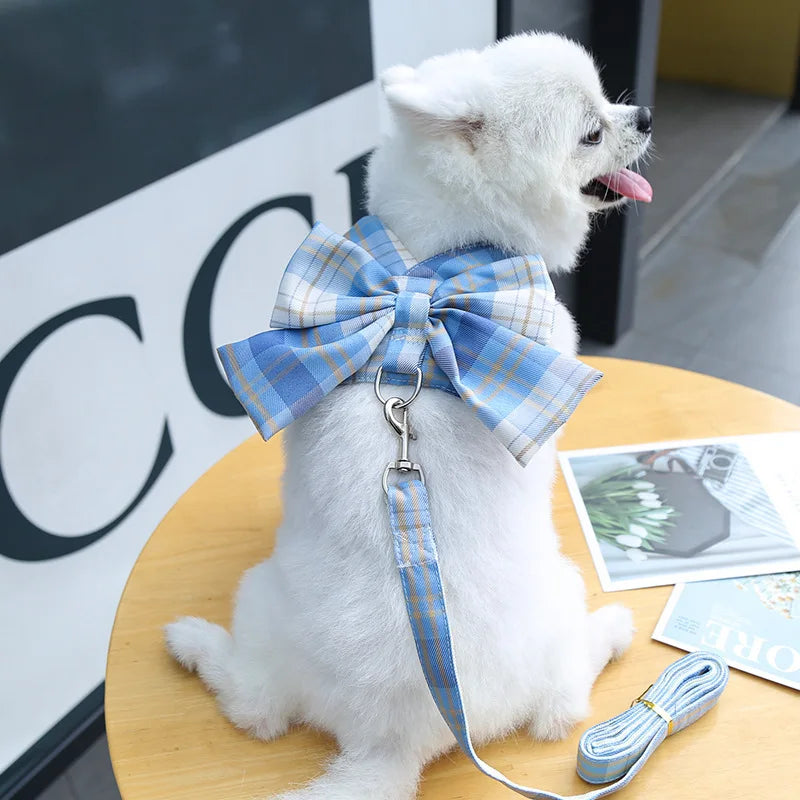 Pet Jk Plaid Dress Dog Harness and Leash Set Bow Skirt Kitten Puppy Vest Luxury Dog Clothes Chihuahua Dog Outfits Bichon Items