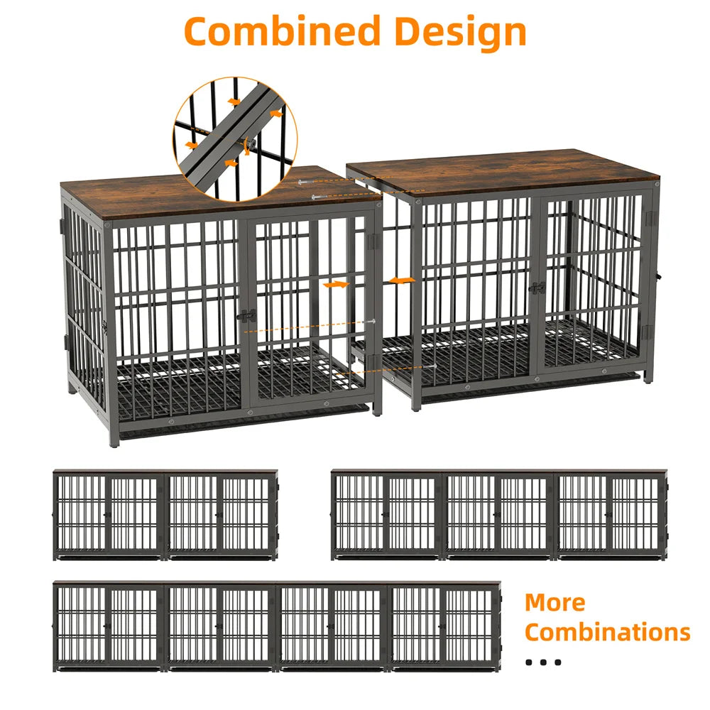 Large Wooden Dog Crate Indoor Furniture Style Elevated Pet Dog Cage Kennel End Table Lattice Playpen with 3 Doors Removable Tray